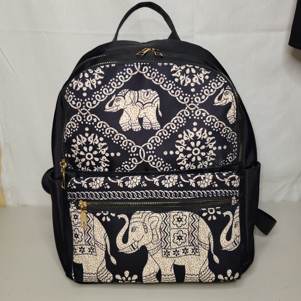 Black Boho Elephant Print‎ Backpack w/ Nylon Adjustable Straps